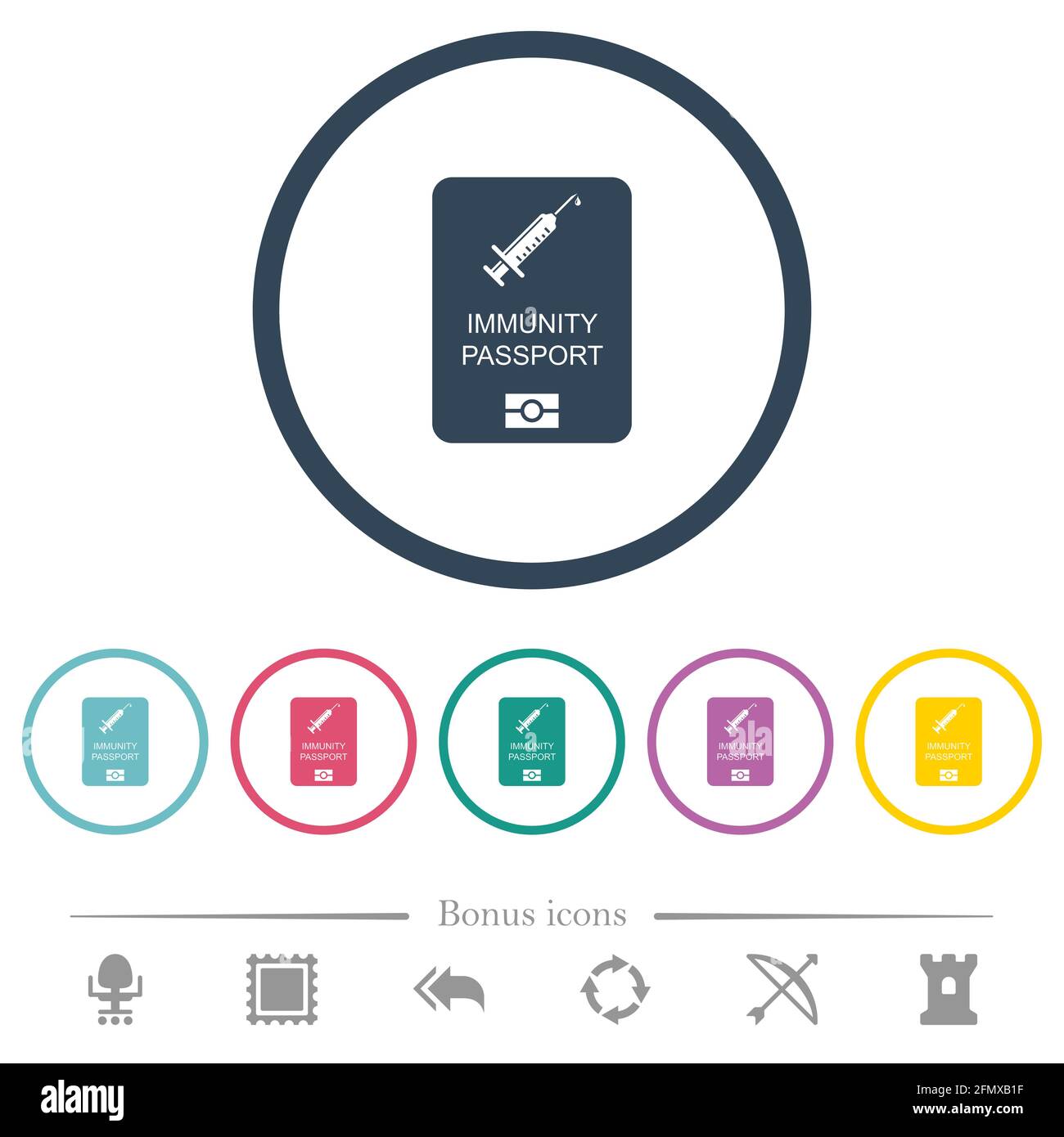 Immunité passeport icônes de couleur plate dans des contours ronds. 6 icônes bonus incluses. Illustration de Vecteur