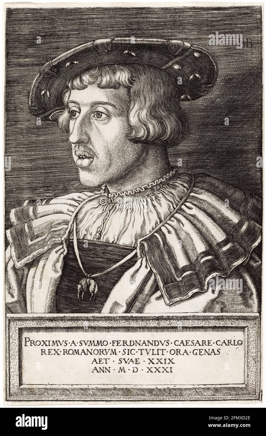 Ferdinand I (1503-1564), Saint empereur romain 1556-1564, gravure de portrait de Barthel Beham, 1561 Banque D'Images