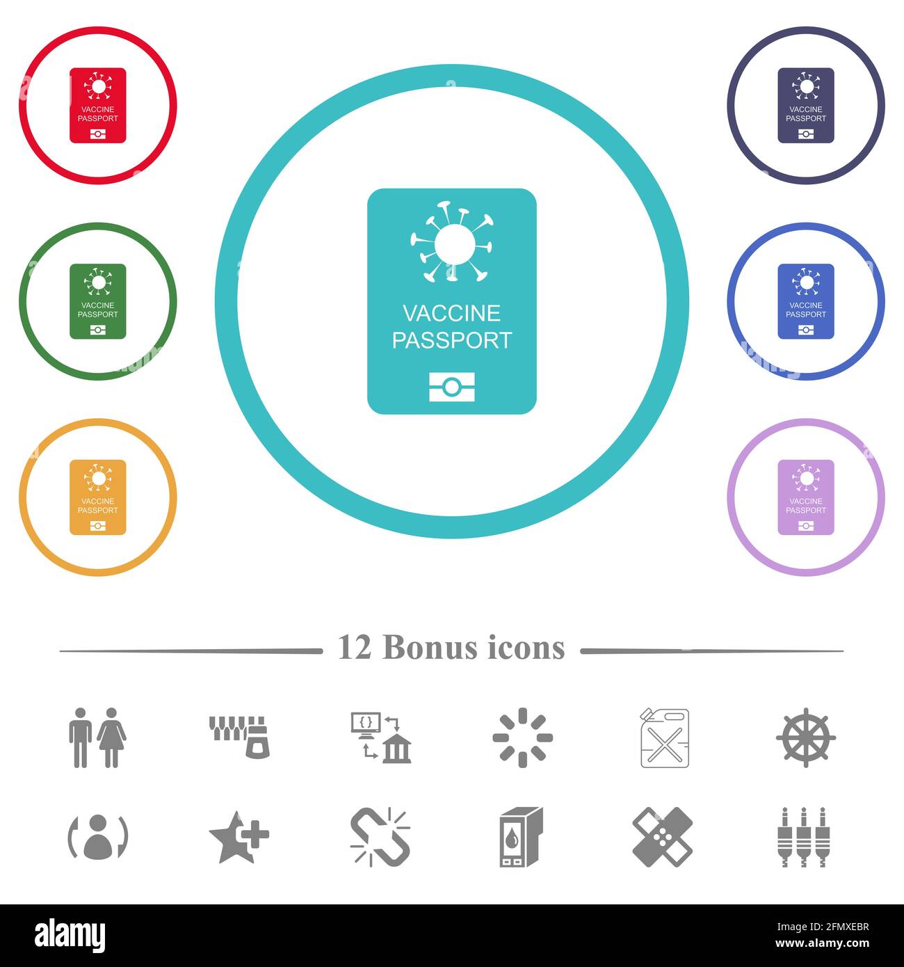 Les icônes de couleur plate du passeport vaccinal sont en forme de cercle. 12 icônes bonus incluses. Illustration de Vecteur