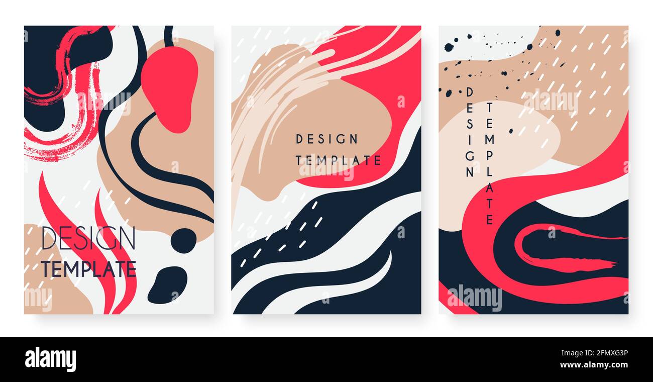 Résumé tendance feuille minimale, lignes ondulées vecteur jeu d'illustrations. Minimum nature art affiches rouge bleu blanc noir couleurs, vertical mode moderne modèle arrière-plan pour les histoires sociales, des images murales Illustration de Vecteur