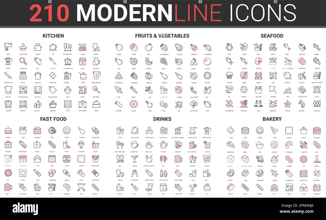 Cuisine appareils ménagers pour la cuisson, légumes de fruits, fruits de mer frais et fastfood jeu d'illustrations vectorielles rouge à lignes noires fines. Menu linéaire de boissons alimentaires pour l'épicerie, la boulangerie ou le café Illustration de Vecteur