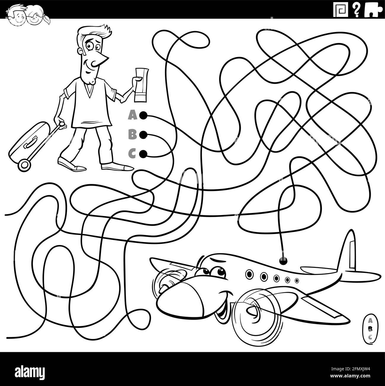 Dessin animé noir et blanc illustration de lignes labyrinthe jeu de puzzle  avec un homme avec un billet et une valise à emporter et la page du livre  de coloriage de l'avion