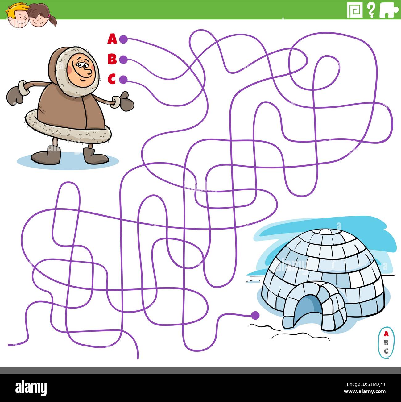 Dessin animé illustration de lignes labyrinthe jeu de puzzle avec le personnage Eskimo et igloo Illustration de Vecteur