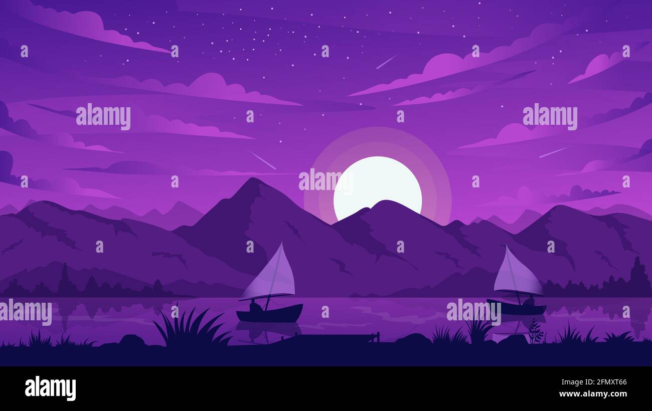 Paysage de montagne de nuit, illustration vectorielle de bateau de pêche. Paysage de rivière ou de côte de lac avec silhouettes de voilier de pêcheur flottant sur l'eau et la lune, fond de scène violet foncé de minuit Illustration de Vecteur
