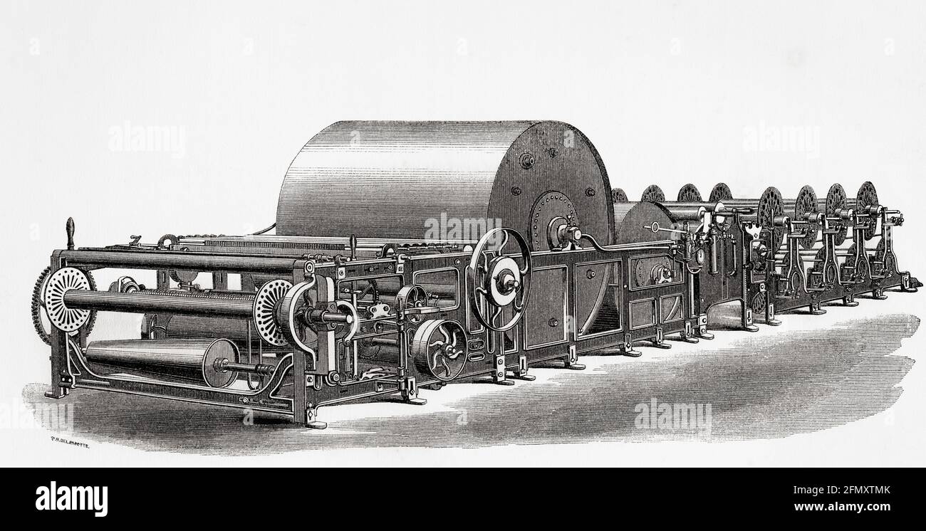 Machine de dimensionnement de Slasher, utilisée pour renforcer la chaîne en ajoutant de l'amidon afin de réduire la rupture des fils, construite par J. Harrison & Sons. D'UNE Histoire concise de l'exposition internationale de 1862, publié en 1862. Banque D'Images