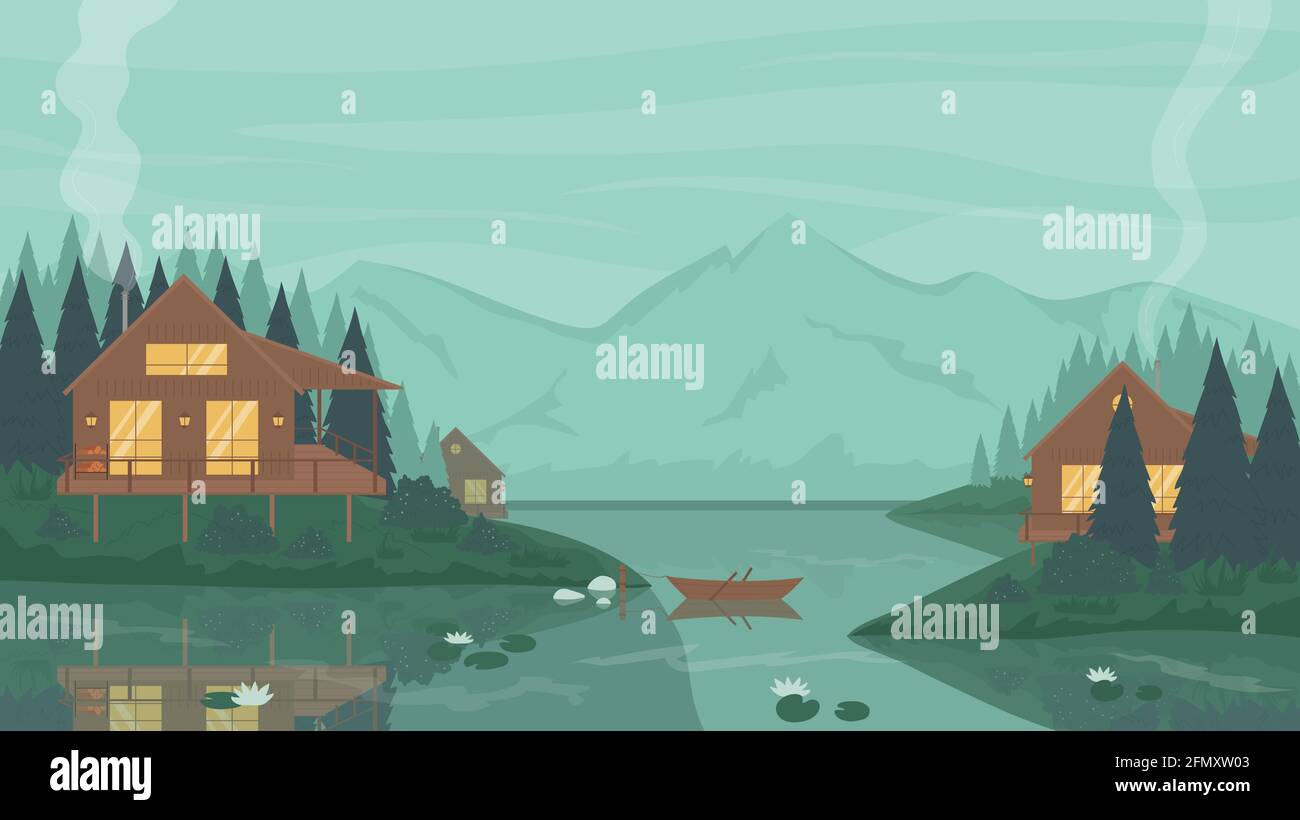 Bungalow maison en bois cabine en paysage de montagne illustration vectorielle. Dessins animés eaux calmes du lac ou de la rivière, extérieur confortable des maisons de pilotis chalets dans la forêt verte, voyage week-end aventure fond Illustration de Vecteur