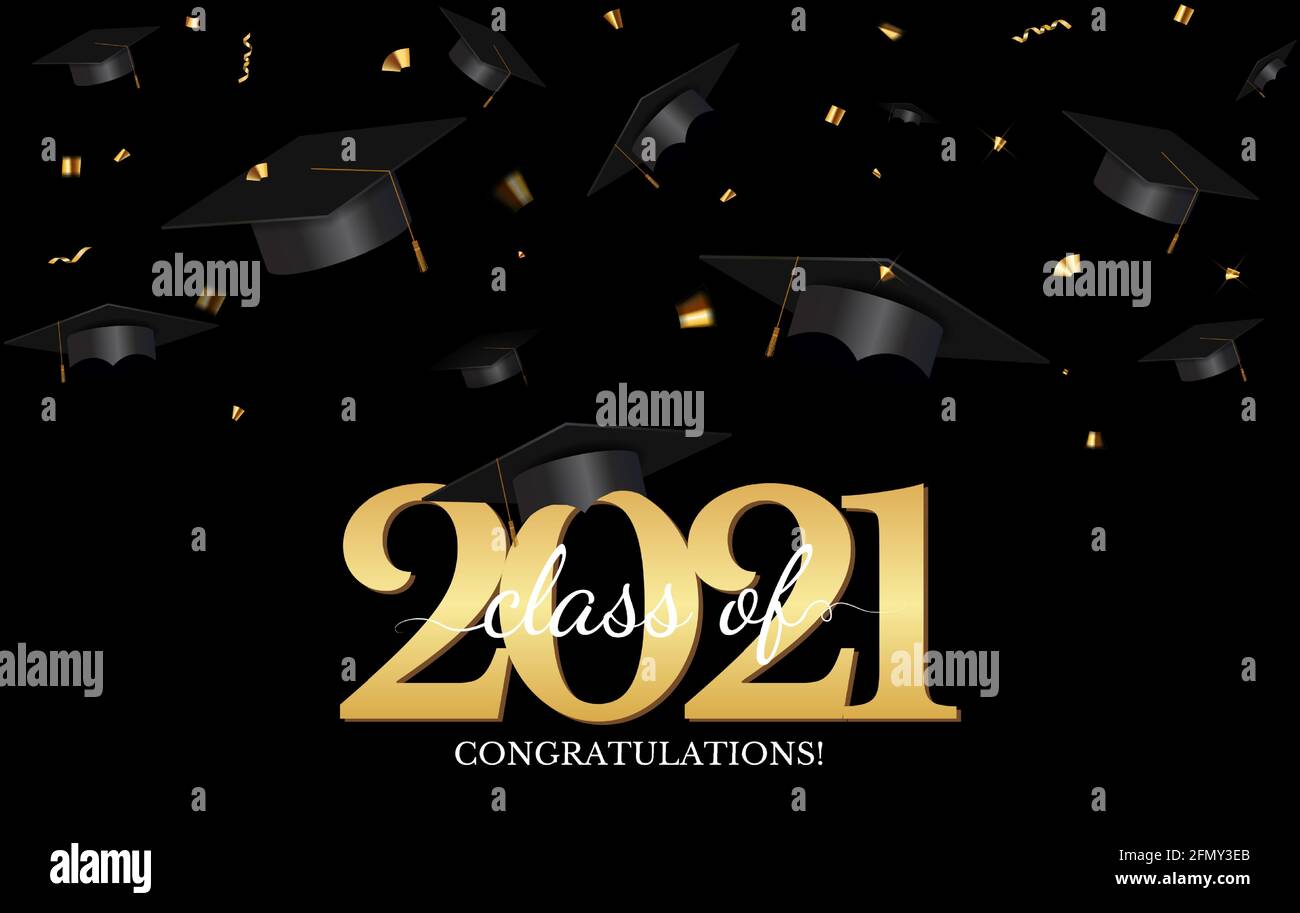 Classe de graduation de 2021 avec chapeau de chapeau de graduation et confetti. Illustration vectorielle Illustration de Vecteur
