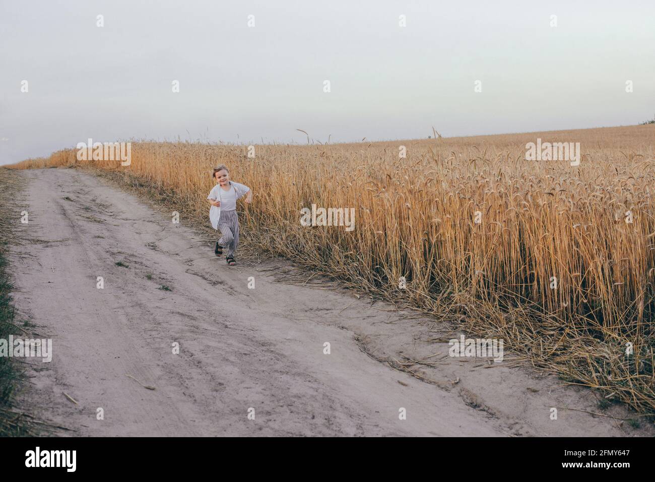 Portrait d'un heureux 5 ans petit mignon garçon, portant une chemise blanche courant dans le champ de blé Banque D'Images