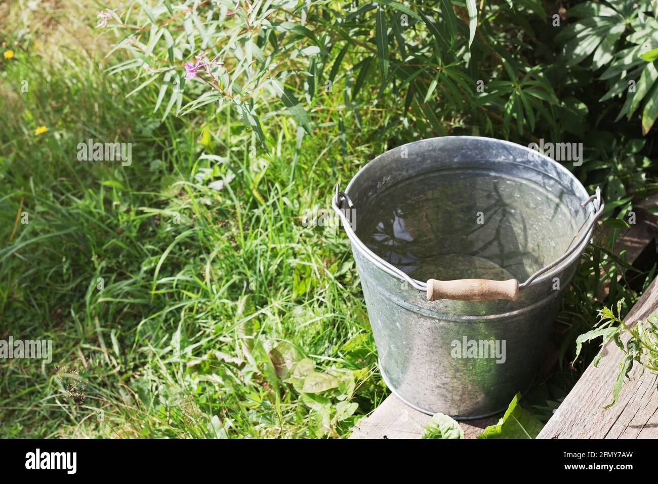 Seau en métal avec de l'eau pure en été Banque D'Images