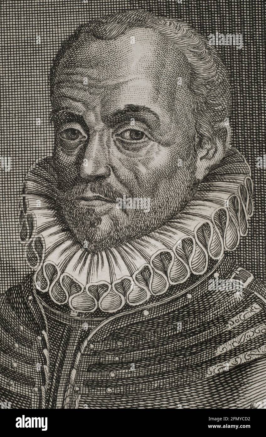 William d'Orange-Nassau (1533-1584) a appelé le tacitur. Membre de la Maison de Nassau, il devient Prince d'Orange en 1544. Rejoint la rébellion contre le règne du roi Philippe II des Habsbourg d'Espagne. Portrait. Gravure, détail. Guerres de Flandre. Édition publiée à Anvers, 1748. Banque D'Images