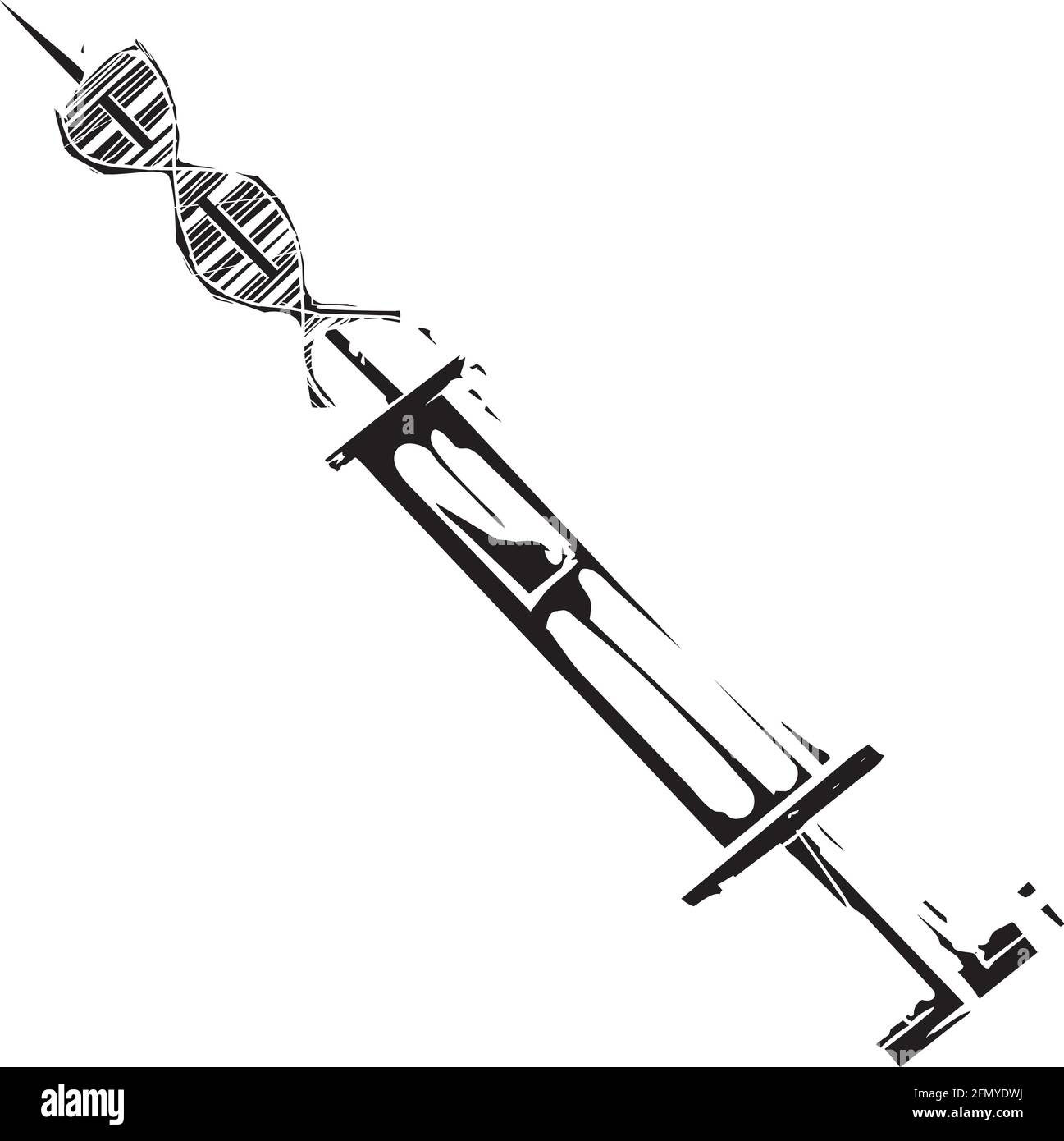 Image de style expressionniste de coupe de bois d'une seringue avec hélice d'ADN sur l'aiguille Illustration de Vecteur