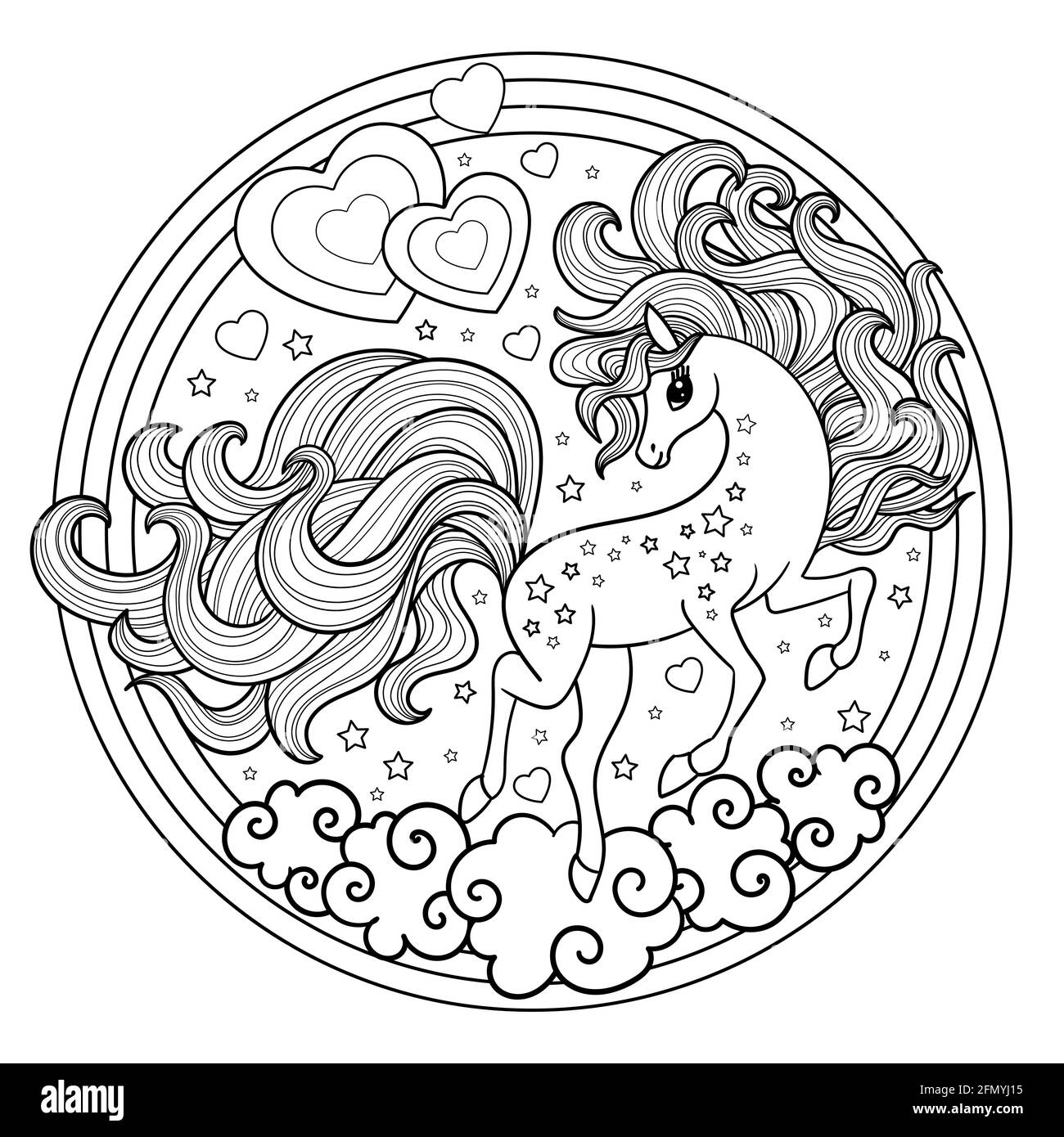 Dessin animé licorne avec l'animal magique de la longue manie. Noir et blanc. Mise en plan linéaire. Illustration vectorielle. Illustration de Vecteur