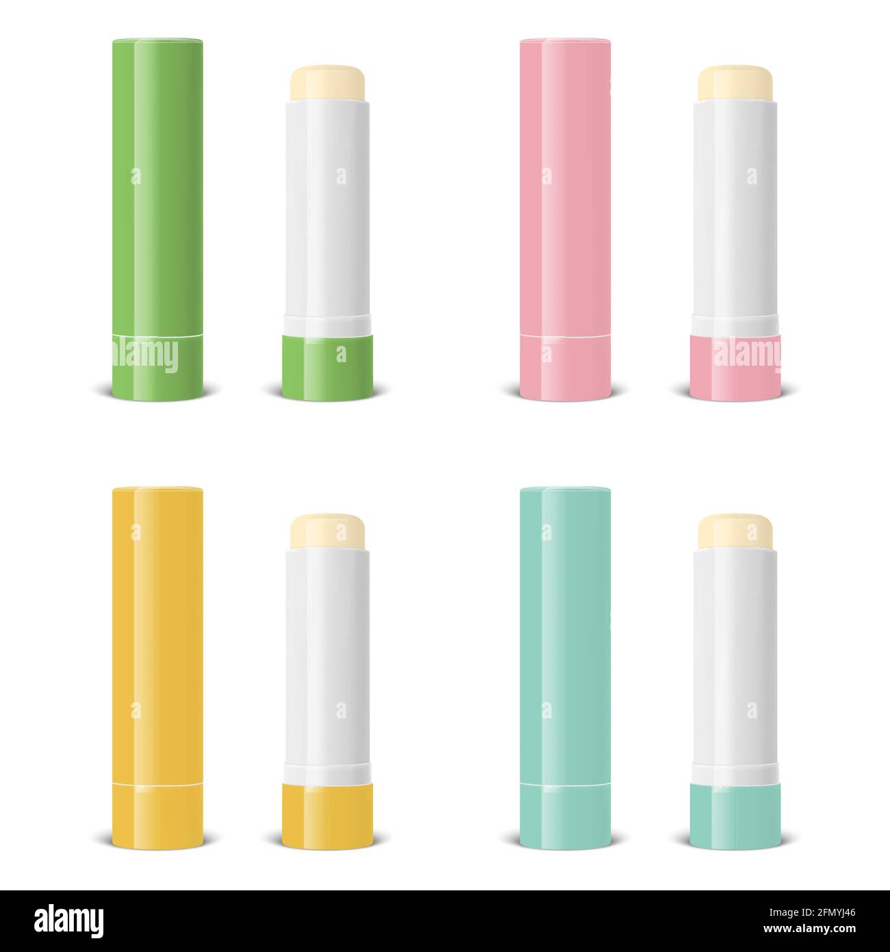 Vector Realistic 3d blanc ouvert, fermé lèvre Baume Stick, Hygienic Lipstick et Blister ensemble d'emballage isolé. Modèle de conception pour graphiques, vecteur Illustration de Vecteur