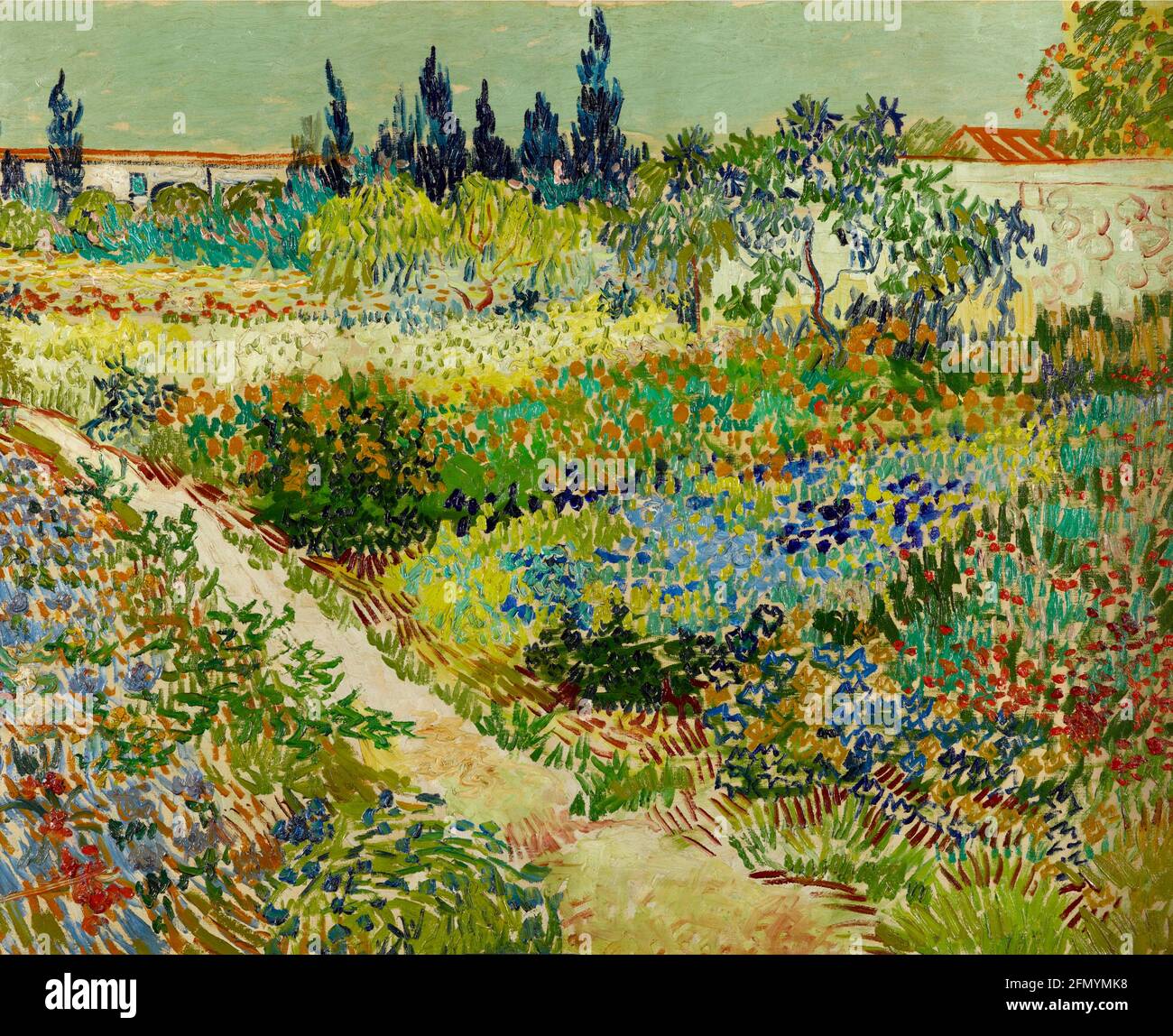 Œuvre d'art Vincent van Gogh intitulée jardin à Arles à partir de 1888. Scène de jardin avec cyprès en arrière-plan. Merveilleux, coloré. Banque D'Images