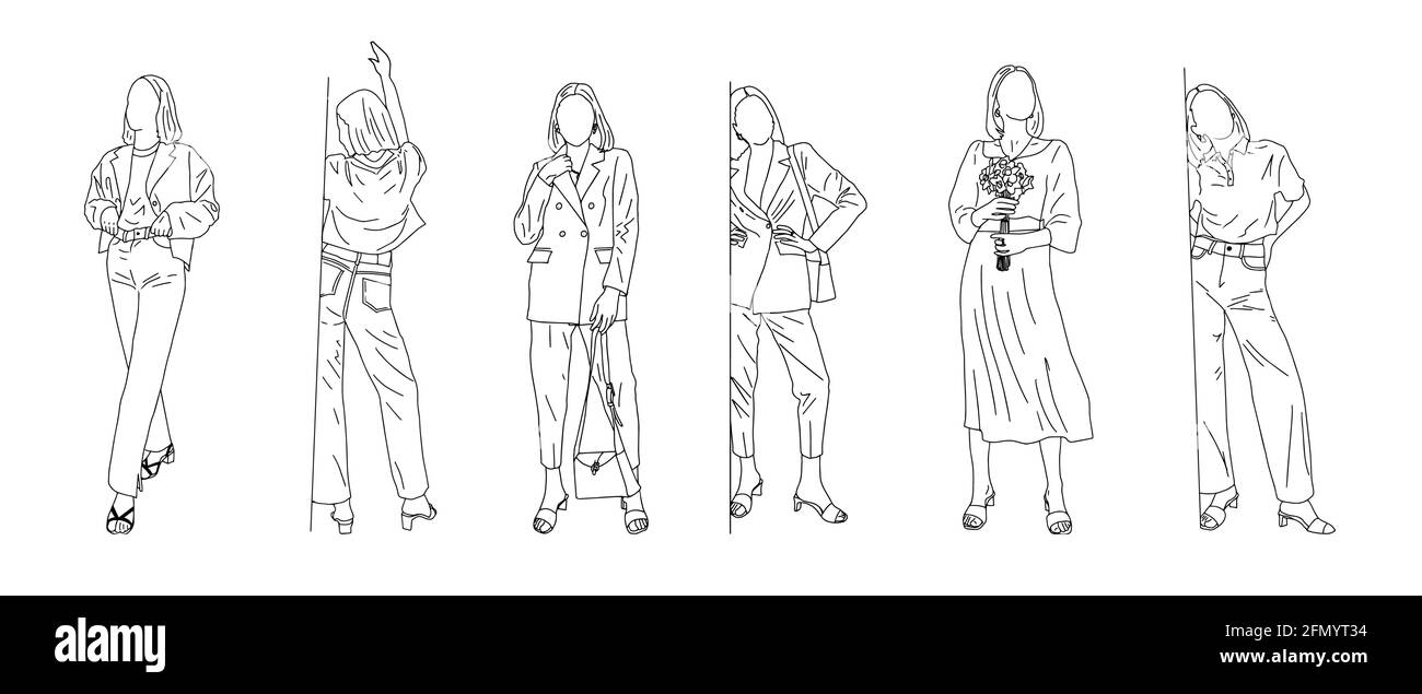 Les filles présentent différents styles de vêtements - style linéaire. Illustration vectorielle. Illustration de Vecteur