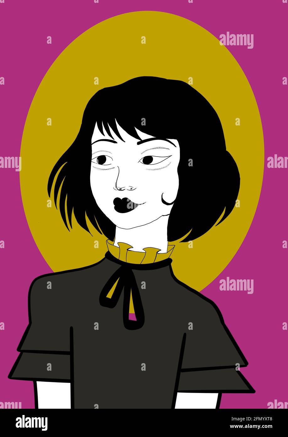 Illustration numérique du visage d'une femme détendue, pour des histoires, un style pop art Banque D'Images