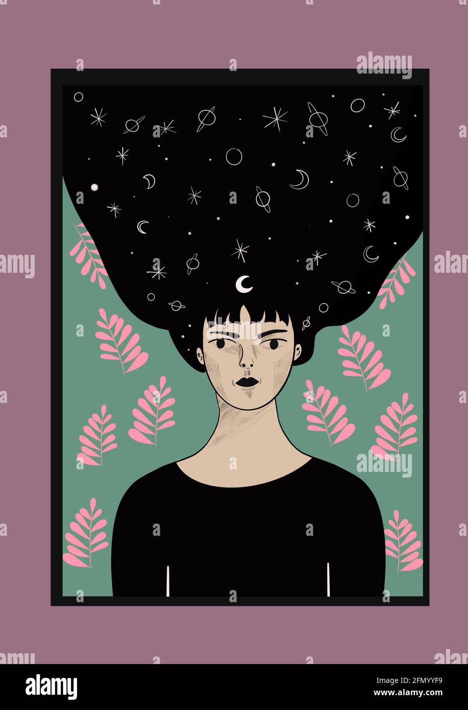 Illustration numérique du visage d'une femme détendue, pour des histoires, un style pop art Banque D'Images