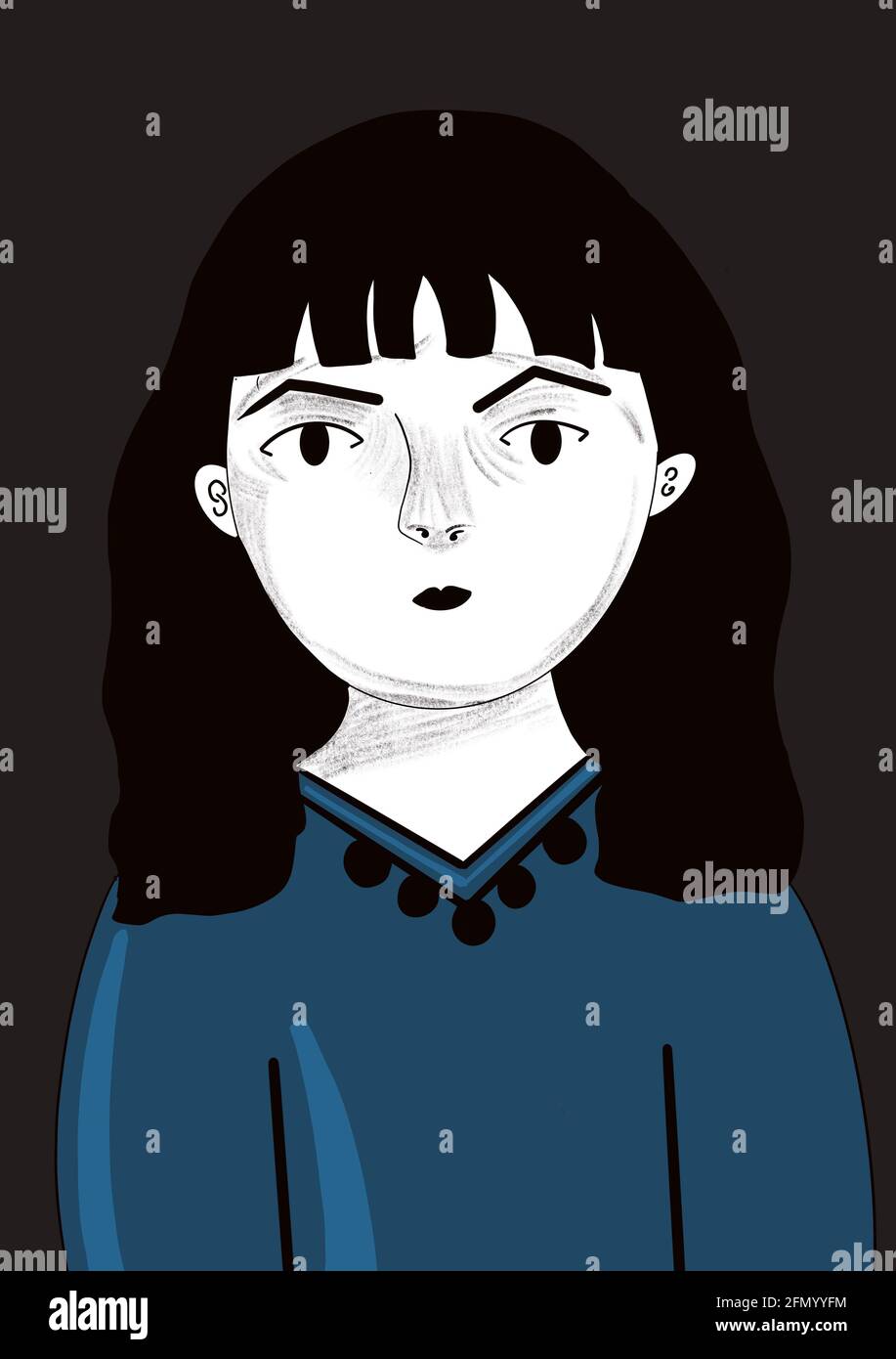 Illustration numérique du visage d'une femme détendue, pour des histoires, un style pop art Banque D'Images