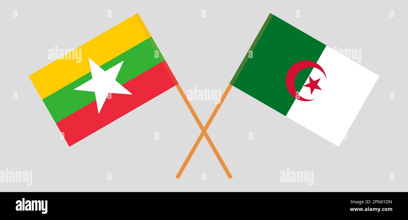 Drapeaux croisés de l'Algérie et du Myanmar. Couleurs officielles. Proportion correcte. Illustration vectorielle Illustration de Vecteur