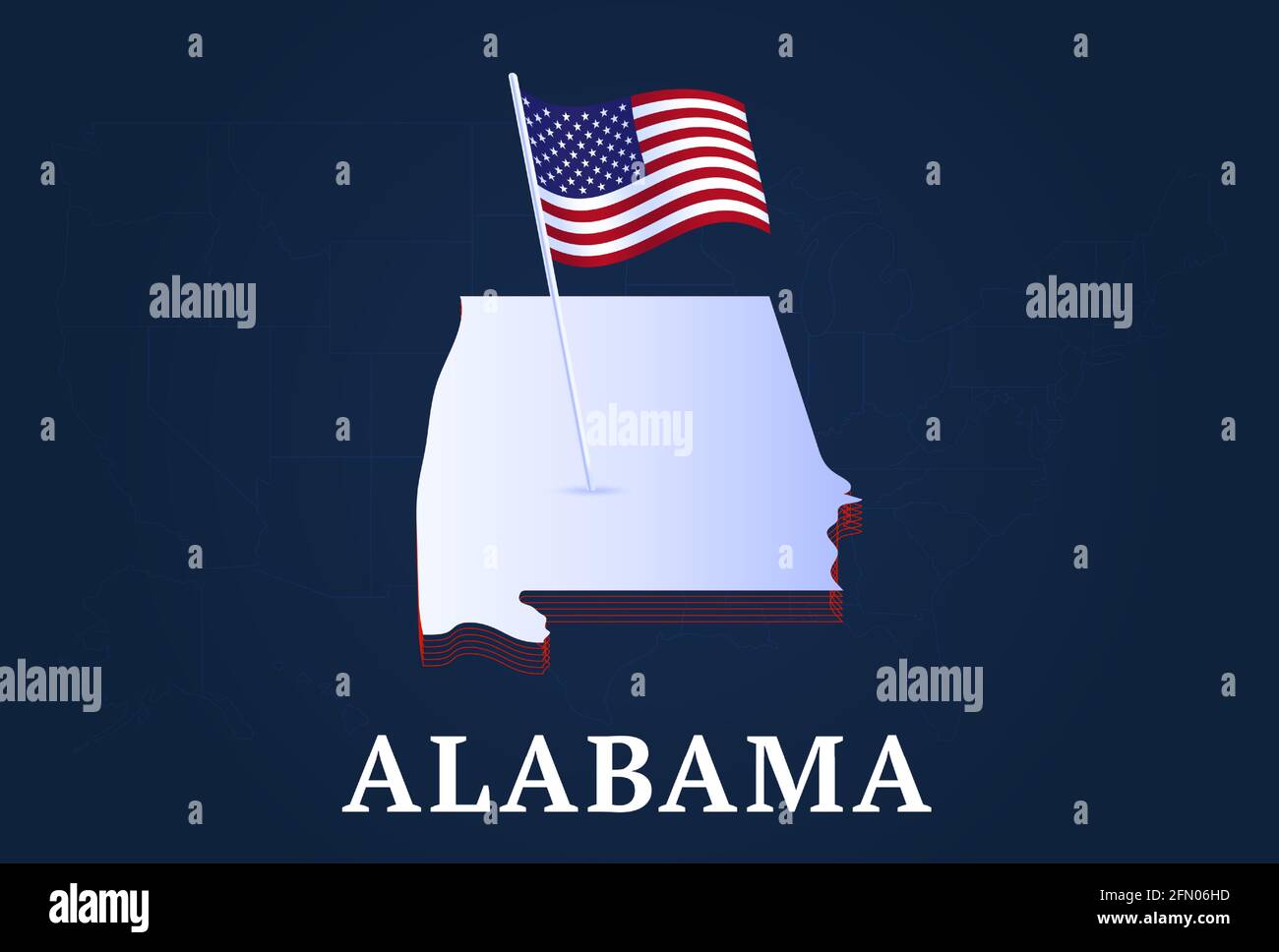 Carte isométrique de l'état de l'alabama et drapeau américain natioanl 3D isométrique Illustration du vecteur de la forme de l'état US Illustration de Vecteur