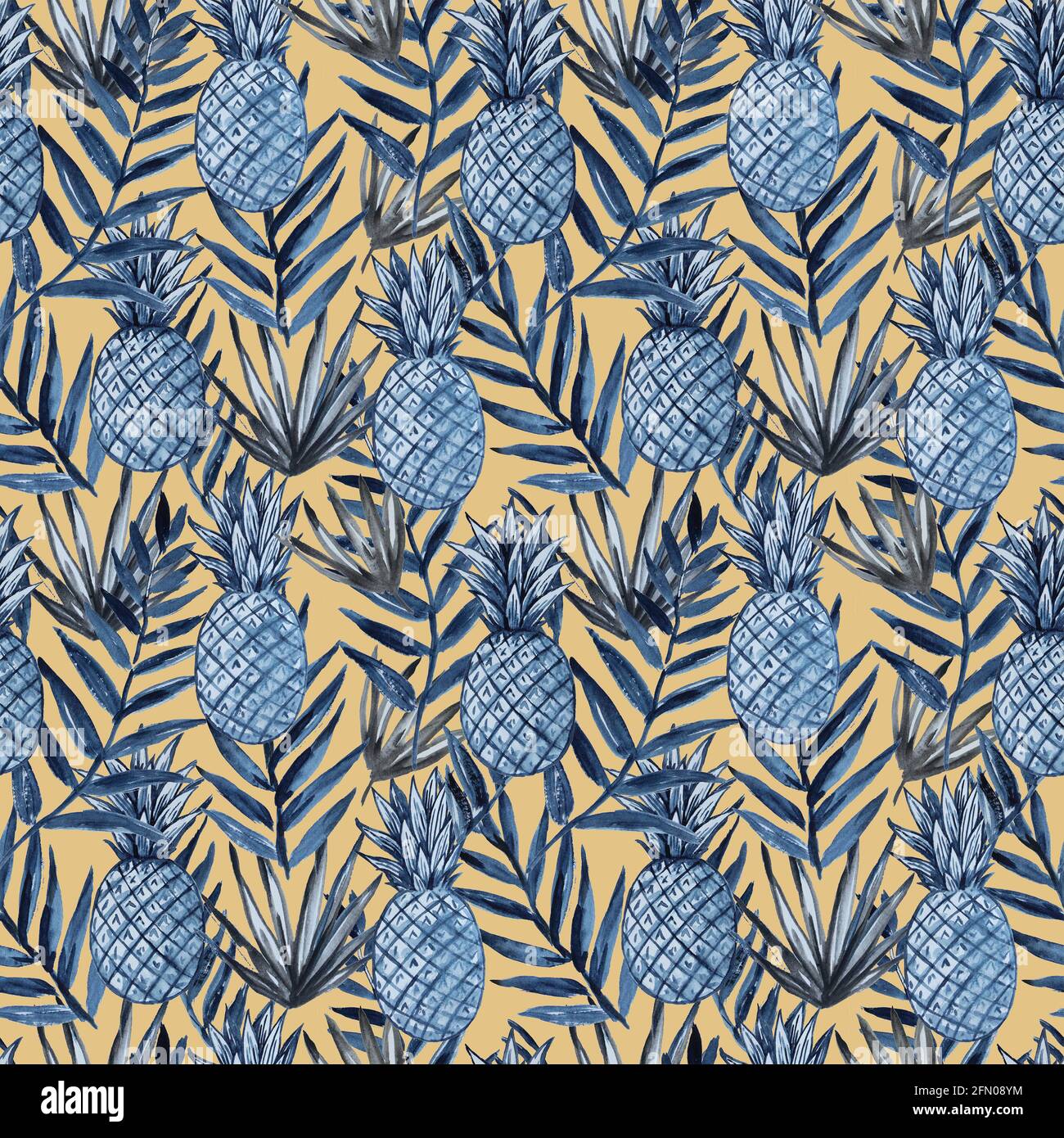 Motif aquarelle sans couture avec ananas et feuilles tropicales. Banque D'Images