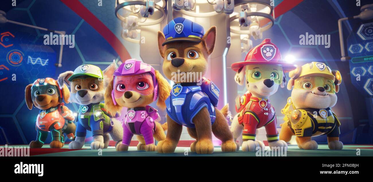 DATE DE SORTIE: 20 août 2021 TITRE: Paw Patrol: The Movie STUDIO: Paramount Pictures DIRECTEUR: CAL Brunker PARCELLE: Ryder et les chiots sont appelés à Adventure City pour empêcher le maire humdinger de transformer la métropole animée en un état de chaos. AVEC : de gauche à droite : Zuma (exprimé par Shayle Simons), Rocky (exprimé par Callum Shoniker), Skye (exprimé par Lilly Bartlam), Chase (exprimé par Iain Armitage), Marshall (exprimé par Kingsley Marshall) et Rumble (exprimé par Keegan Hedley). (Image de crédit : © Paramount Pictures/Entertainment Pictures) Banque D'Images