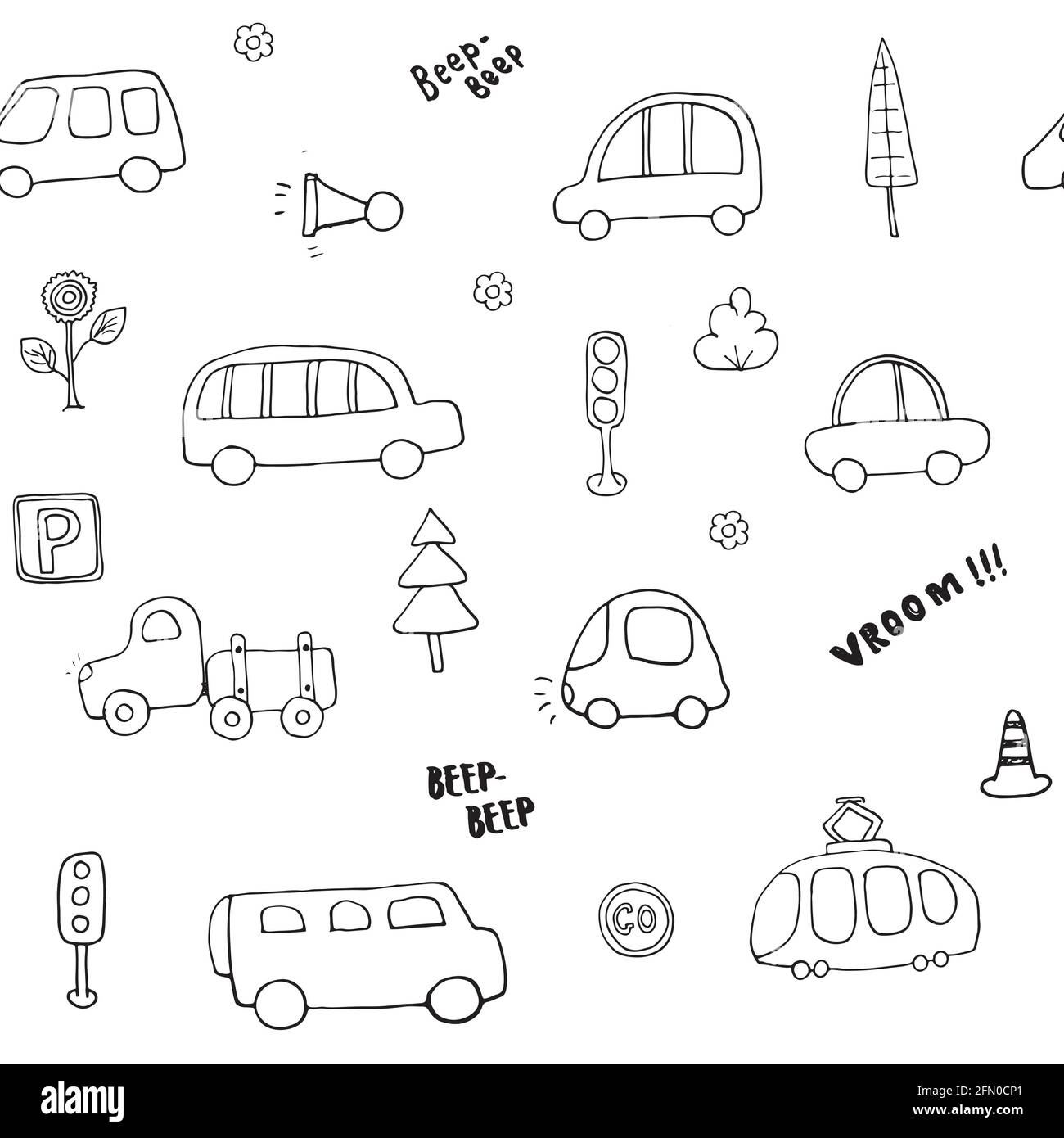 Motif sans couture de CUTE Cars, transport de dessin dessin dessin toile de fond, illustration vectorielle. Illustration de Vecteur