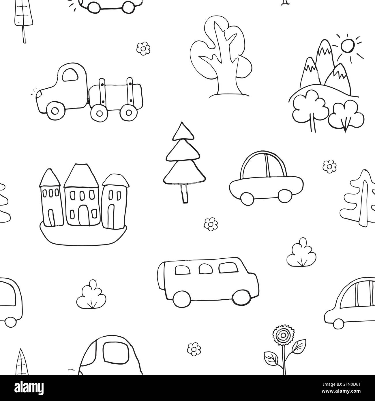 Motif sans couture de CUTE Cars, transport de dessin dessin dessin toile de fond, illustration vectorielle. Illustration de Vecteur