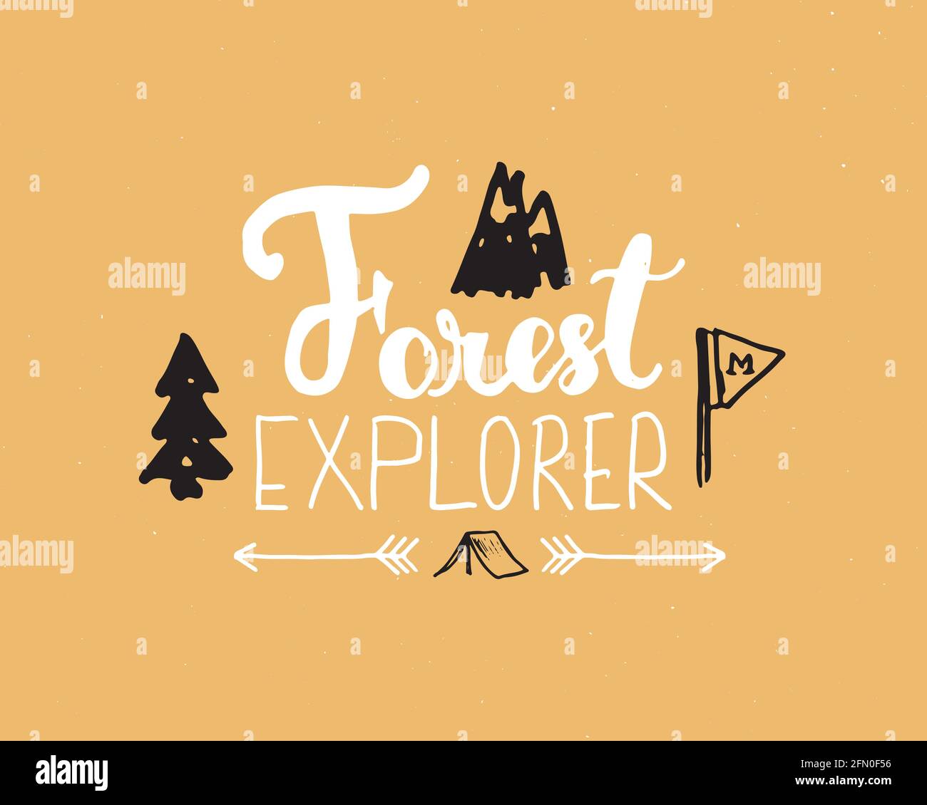 Forest explorer lettrage signe manuscrit, texte calligraphique de grunge dessiné à la main, randonnée en plein air et exploration des montagnes, illustration vectorielle Illustration de Vecteur