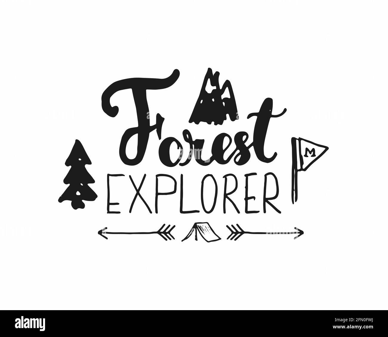 Forest explorer lettrage signe manuscrit, texte calligraphique de grunge dessiné à la main, randonnée en plein air et exploration des montagnes, illustration vectorielle Illustration de Vecteur