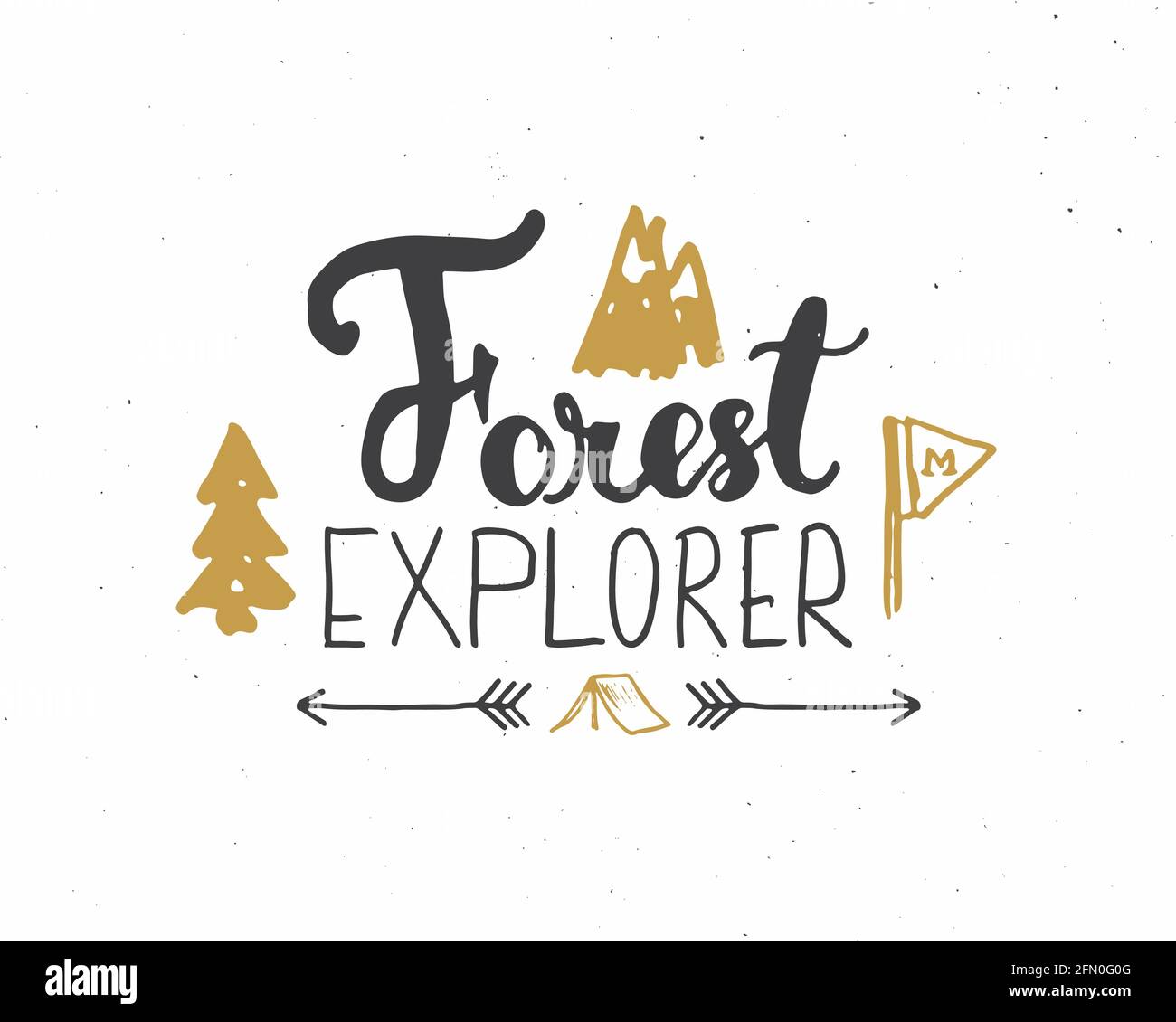 Forest explorer lettrage signe manuscrit, texte calligraphique de grunge dessiné à la main, randonnée en plein air et exploration des montagnes, illustration vectorielle Illustration de Vecteur