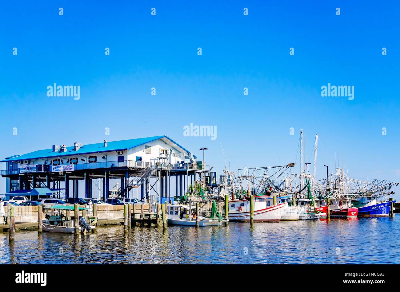 Des bateaux à crevettes sont amarrés au port pour petits bateaux de Biloxi, le 8 mai 2021, à Biloxi, Mississippi. Banque D'Images