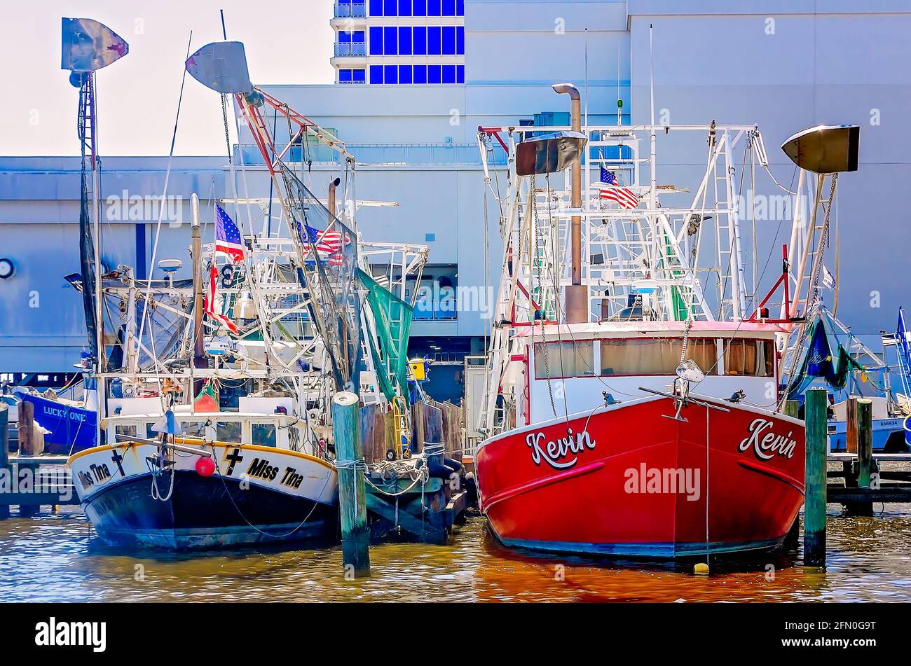 Des bateaux à crevettes sont amarrés au port pour petits bateaux de Biloxi, le 8 mai 2021, à Biloxi, Mississippi. Banque D'Images