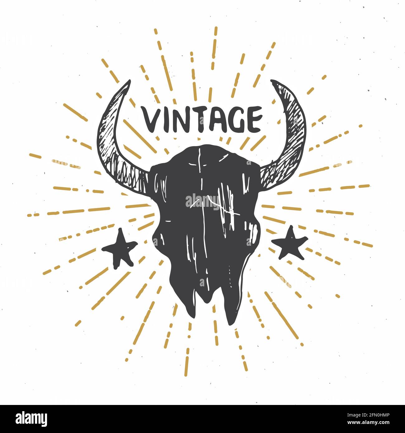 Crâne de taureau ou de vache, imprimé graphique de la tête d'animal. Motif typographique pour T-shirt. Illustration vectorielle. Illustration de Vecteur