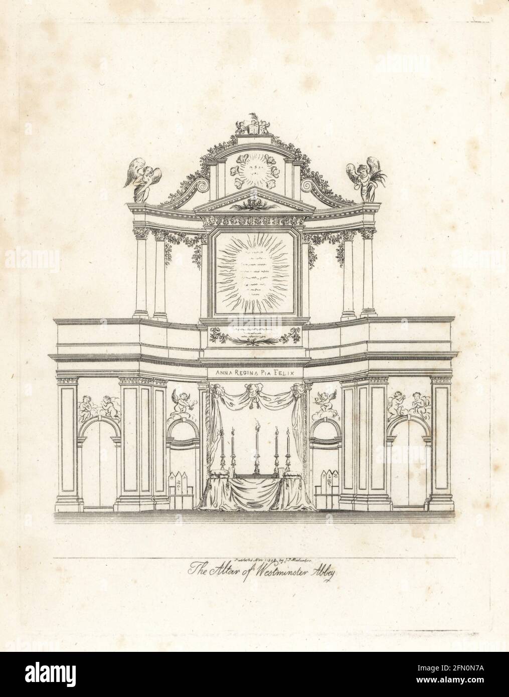 L'autel en marbre blanc de l'abbaye de Westminster. Conçu par Sir Christopher Wren et sculpté par Grinling Gibbons. Originaire du palais de Whitehall, il a été accordé à l'abbaye par la reine Anne en 1706. Anna Regina Pia Felix. Coperplate dessinée et gravée par James Peller Malcolm à partir de ses anecdotes sur les manières et les coutumes de Londres au XVIIIe siècle, Longman, Hurst, Londres, 1808. Malcolm (1767-1815) était un topographe et graveur américain-anglais, Fellow de la Société des antiquaires. Banque D'Images L'autel en marbre blanc de l'abbaye de Westminster. Conçu par Sir Christopher Wren et sculpté par Grinling Gibbons. Originaire du palais de Whitehall, il a été accordé à l'abbaye par la reine Anne en 1706. Anna Regina Pia Felix. Coperplate dessinée et gravée par James Peller Malcolm à partir de ses anecdotes sur les manières et les coutumes de Londres au XVIIIe siècle, Longman, Hurst, Londres, 1808. Malcolm (1767-1815) était un topographe et graveur américain-anglais, Fellow de la Société des antiquaires. Banque D'Images