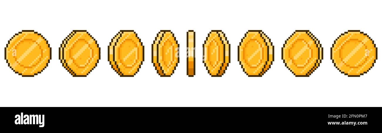 Animation de pièces de pixel art. Jeu ui Golden coins rotation étapes, jeu de pixels argent images animées illustration vectorielle. Animation pièces 8 bits or Illustration de Vecteur