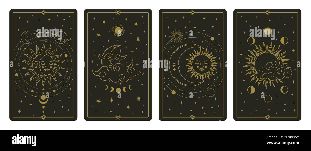 Cartes de la lune et du tarot du soleil. Cartes corps célestes dessinées à la main mystique, carte tarot magique jeu d'illustrations vectorielles. Cartes tarot ésotériques magiques Illustration de Vecteur
