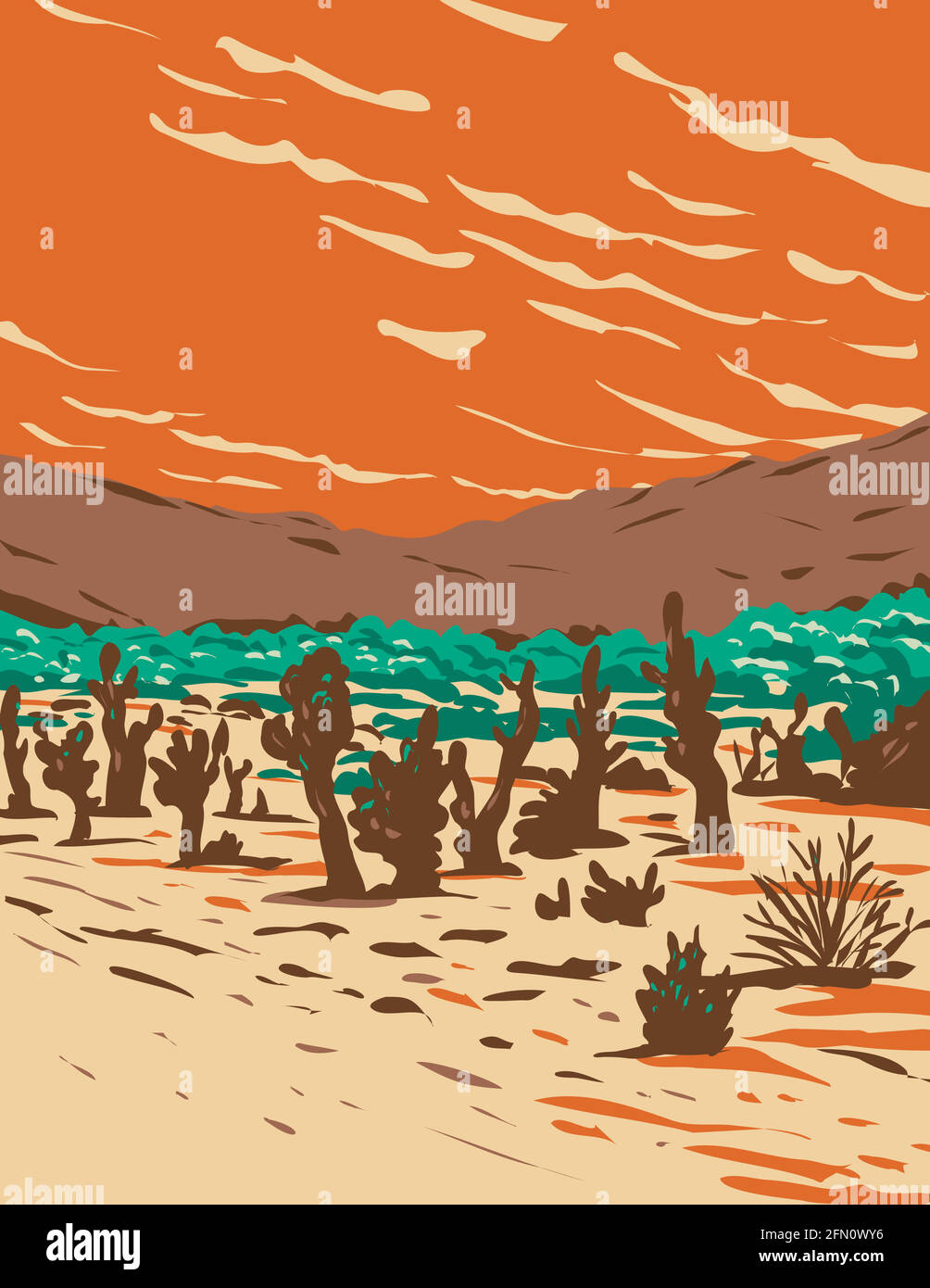 WPA Poster Art of the Turkey Flats Sand Dunes situé dans le parc national de Joshua Tree en Californie, États-Unis dans le style d'administration de projet de travaux Illustration de Vecteur