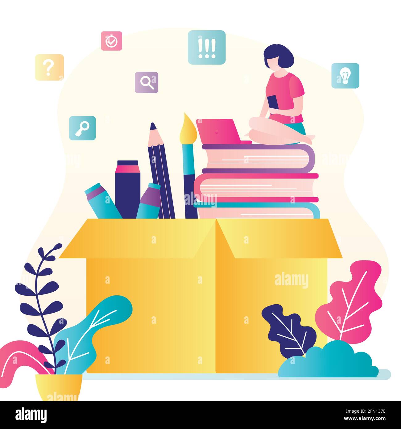 Bannière du concept d'éducation. Femme assise sur une pile de manuels. Boîte avec outils de formation. Technologie d'apprentissage en ligne. Une étudiante utilise des gadgets intelligents. Illustration de Vecteur