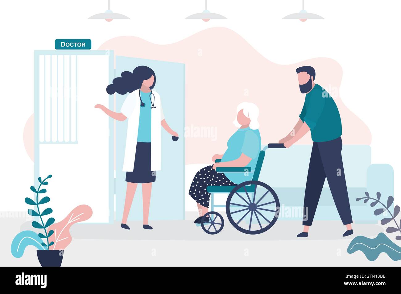 Le volontaire ou le fils a amené la grand-mère en fauteuil roulant au rendez-vous du médecin. Concept de service médical et de soins gériatriques. Personne âgée malade. Hôpital Illustration de Vecteur