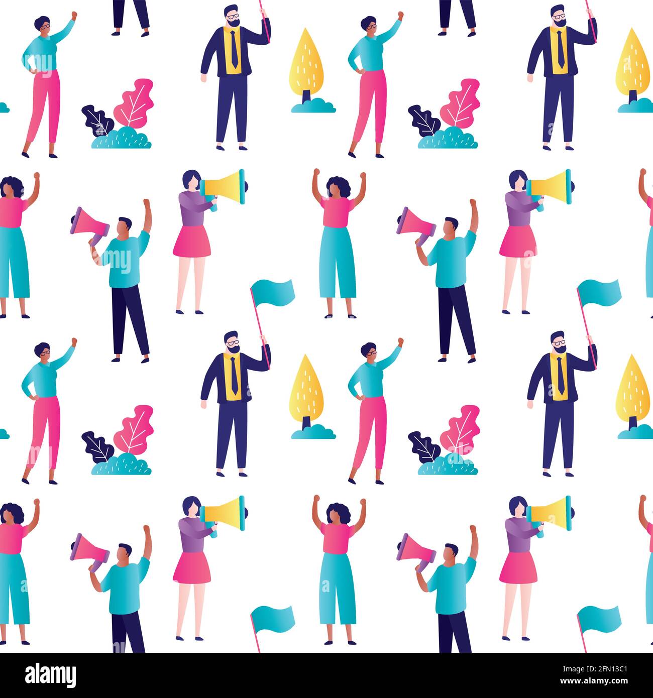 Schéma sans faille avec protestation contre le racisme. Des gens multiculturels avec des pancartes et des haut-parleurs en manifestation ou en rallye. Démonstration des droits de l'homme. BLAC Illustration de Vecteur