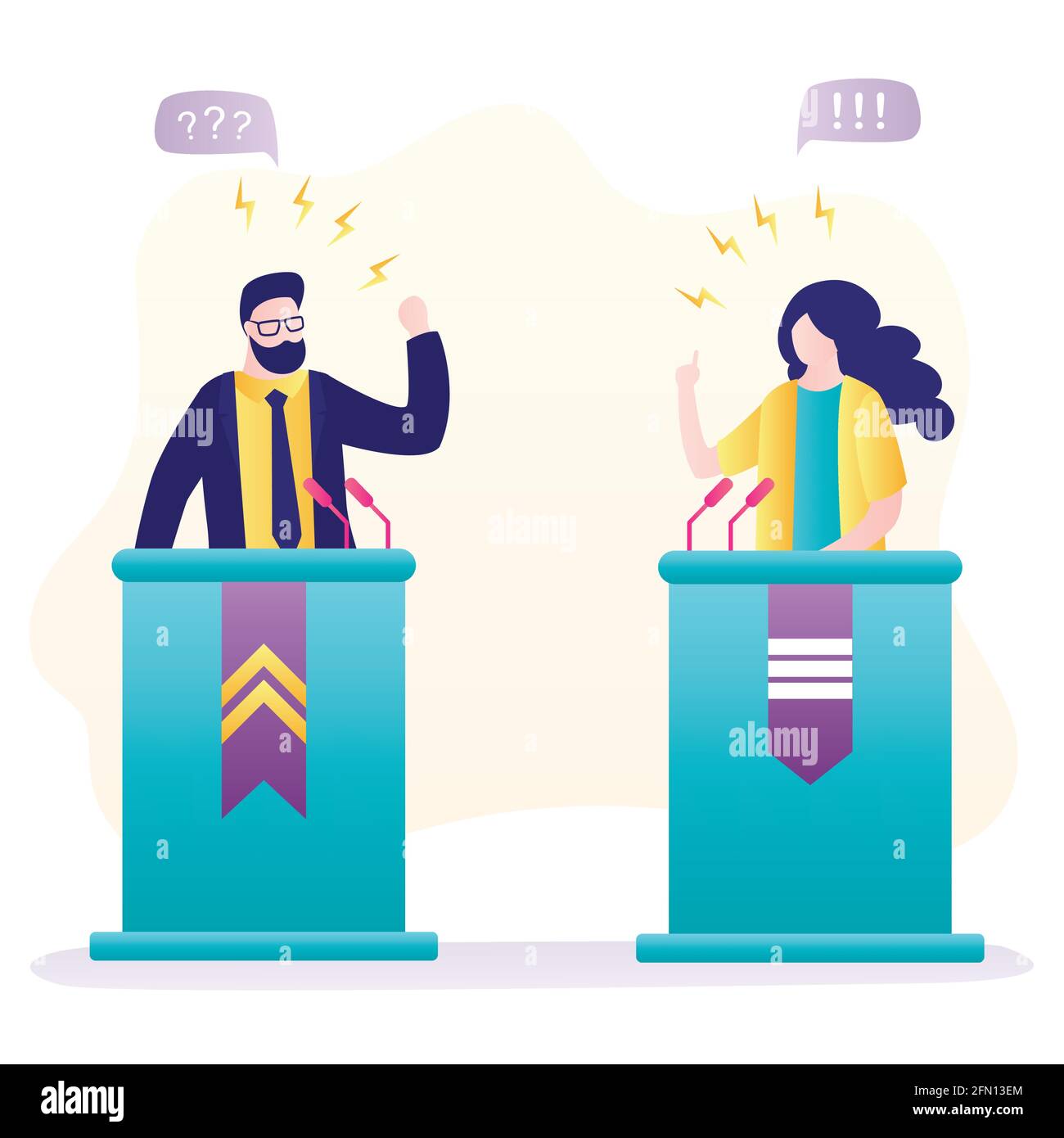 Débat politique. Les hommes et les femmes politiques parlent émotionnellement. Les personnes sur le podium parlent en microphones. Candidats politiques, campagne électorale bann Illustration de Vecteur