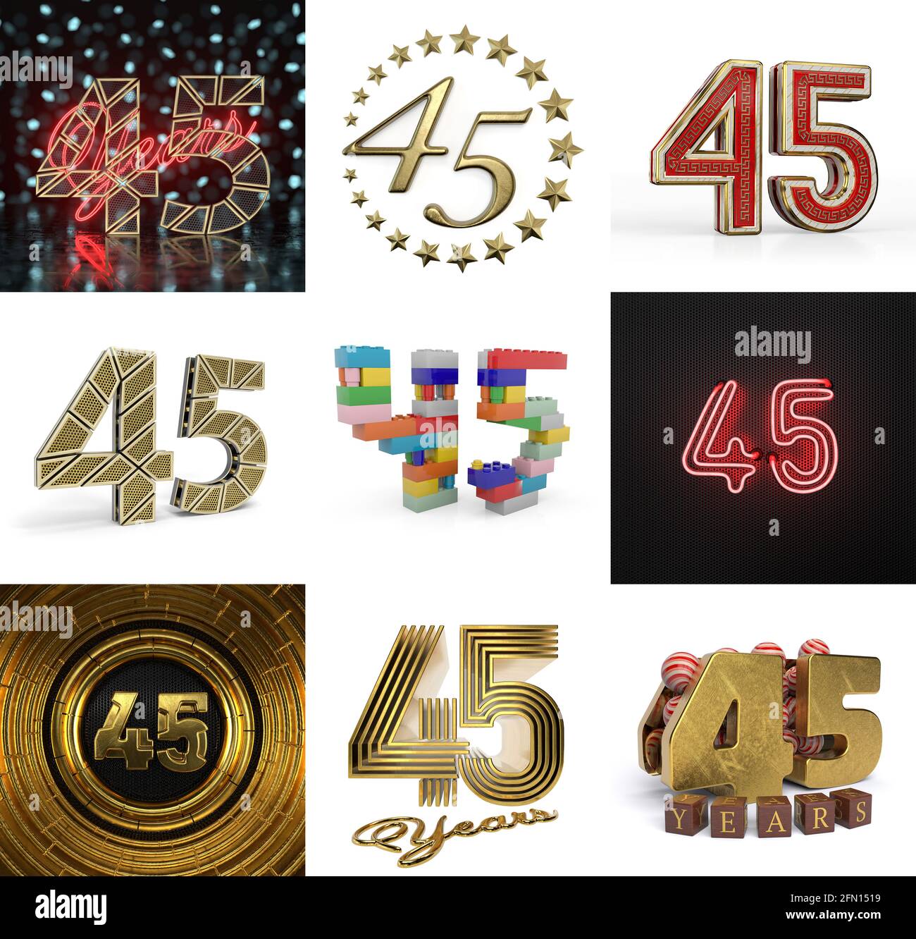 Ensemble de quarante-cinq ans d'anniversaire. Élément de conception graphique numéro 45. Éléments de modèle de numéro d'anniversaire pour votre fête d'anniversaire. Illustration 3D Banque D'Images