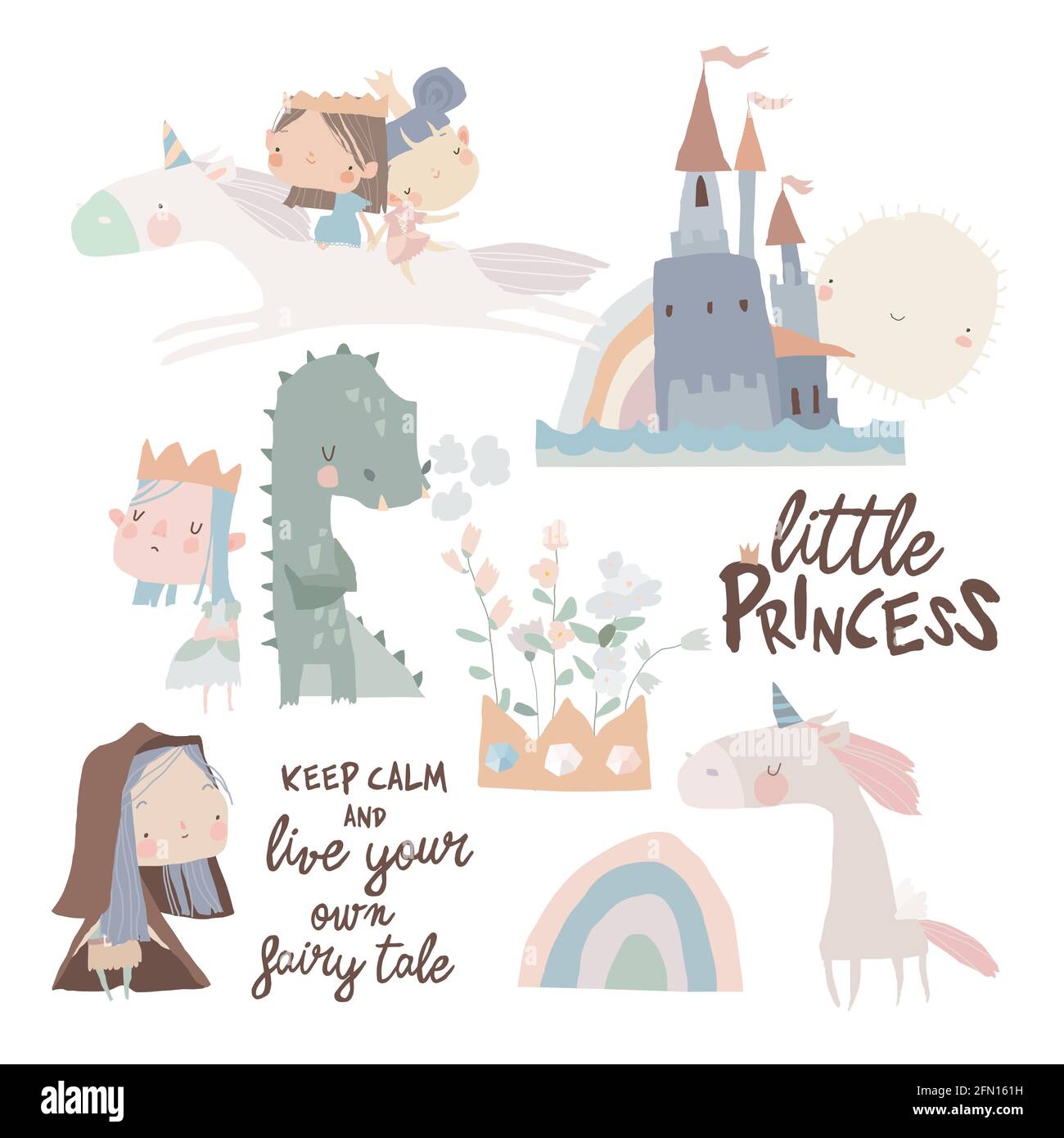 Ensemble d'adorables petits princesses, dragons et licornes magiques sur fond blanc Illustration de Vecteur