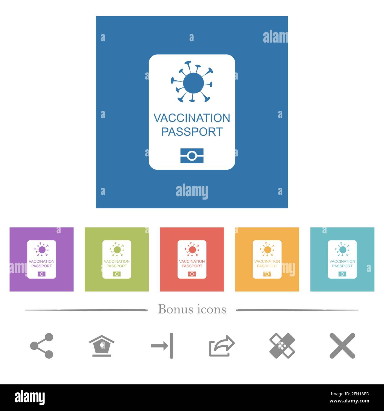 Passeport de vaccination icônes blanches plates sur fond carré. 6 icônes bonus incluses. Illustration de Vecteur