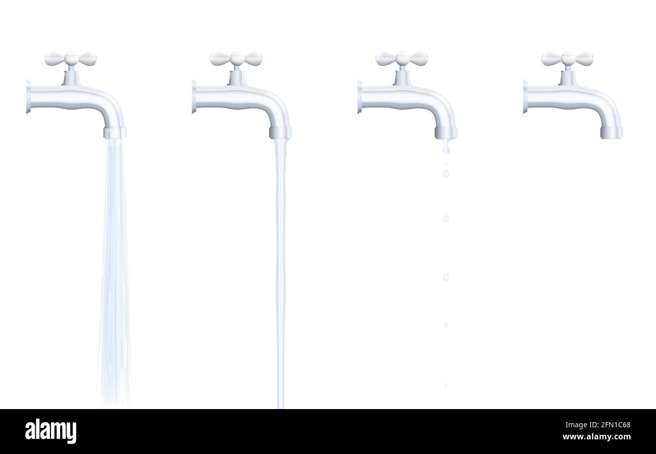 Ensemble de robinets - jet d'eau fort et normal, goutte d'eau et patte d'arrêt - illustration sur fond blanc. Banque D'Images
