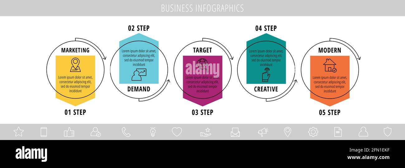 Infographies vectorielles cinq cercles avec flèches. Concept métier de 5 étapes, options. Modèle d'infographie pour diagramme, Web, bannière, présentations Illustration de Vecteur