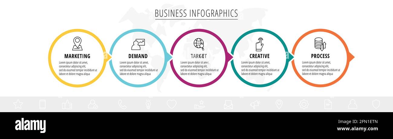 Infographies vectorielles cinq cercles avec flèches. Concept métier de 5 étapes, options. Modèle d'infographie pour diagramme, Web, bannière, présentations Illustration de Vecteur