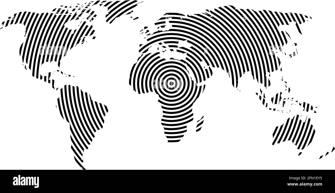 Carte du monde des anneaux concentriques noirs sur fond blanc. Communication mondiale radio Waves concept moderne vecteur papier peint Illustration de Vecteur