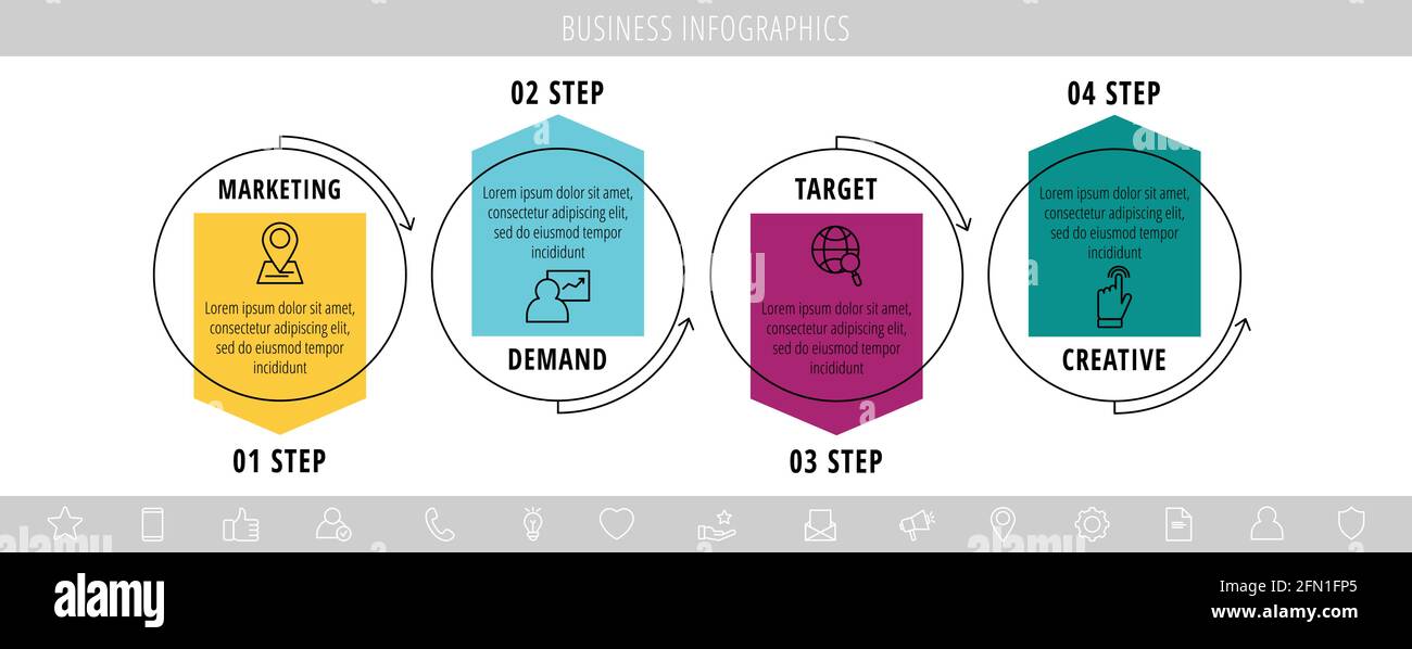 Infographies vectorielles quatre cercles avec flèches. Concept métier de 4 étapes, options. Modèle d'infographie pour diagramme, Web, bannière, présentations Illustration de Vecteur